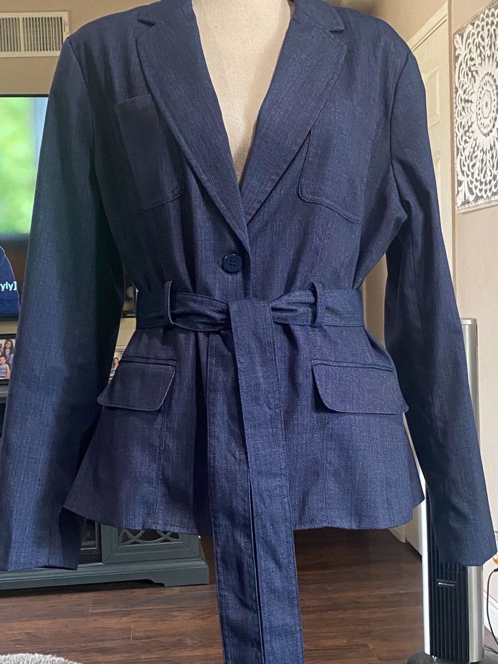 New York & Company Navy Belted Linen-Blend Blazer